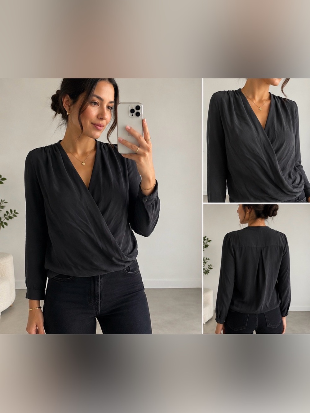 SAM & LAVI Top Women’s Small Blouse 100% Silk Long-Sleeve Wrap Front Women's Top